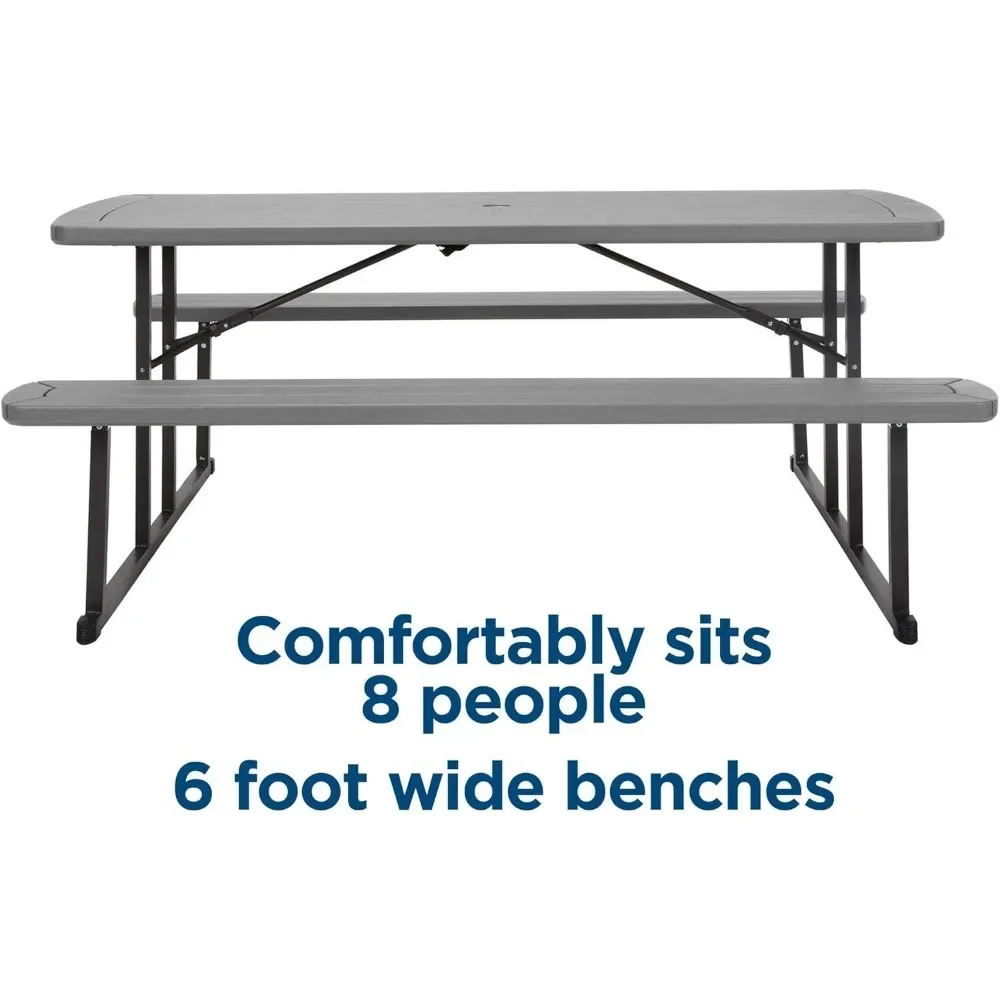 Outdoor Living 6 ft. Folding Picnic Table, Dark Gray Wood Grain Resin with Gray Steel Legs