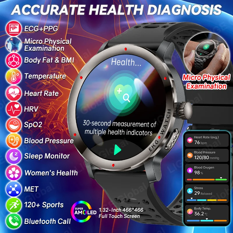 LIGE New ECG+PPG Smart Watch Accurate Health Analysis Body Fat Temp Blood Pressure Blood Oxygen Clock Call Smartwatch Men Women