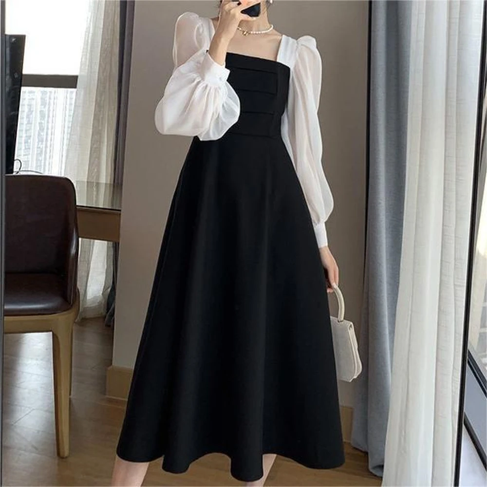 Vintage Square Neck Long Sleeve Loose Hem Women's Long Dress For Evening or Daily or Going Out Sehe Fashion