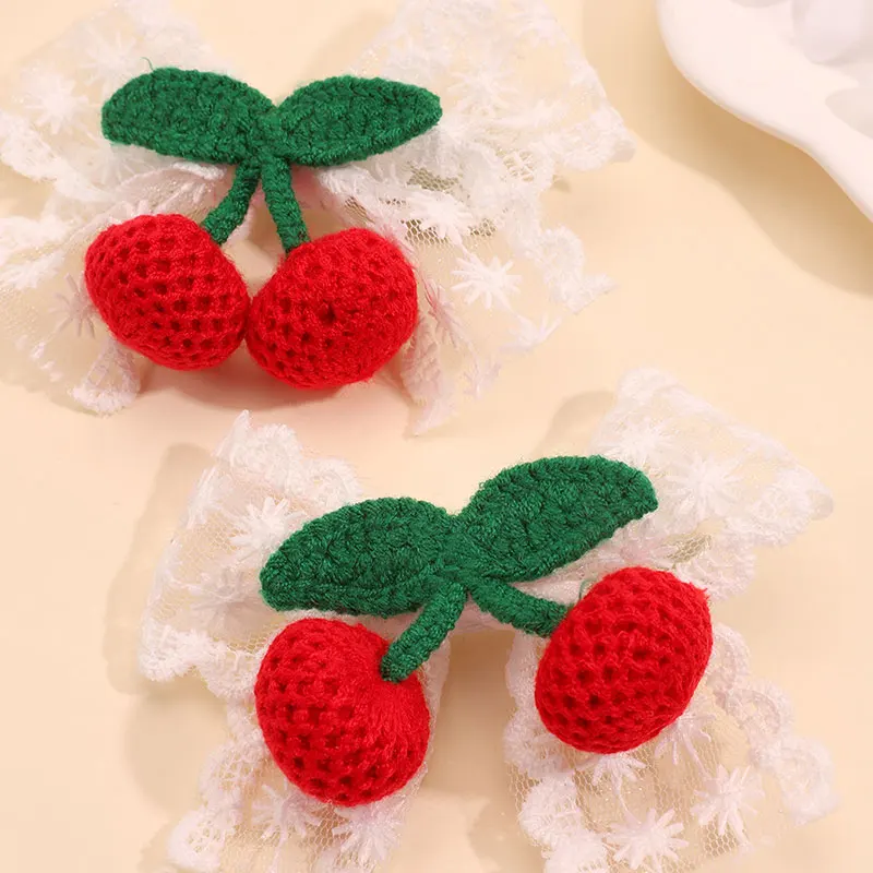 2pcs Fashion Korea Knitting Cherry Hairpins Girls Lace Hair Bow Clips Sweet Hairgrip Barrette Kids Headwear Hair Accessories