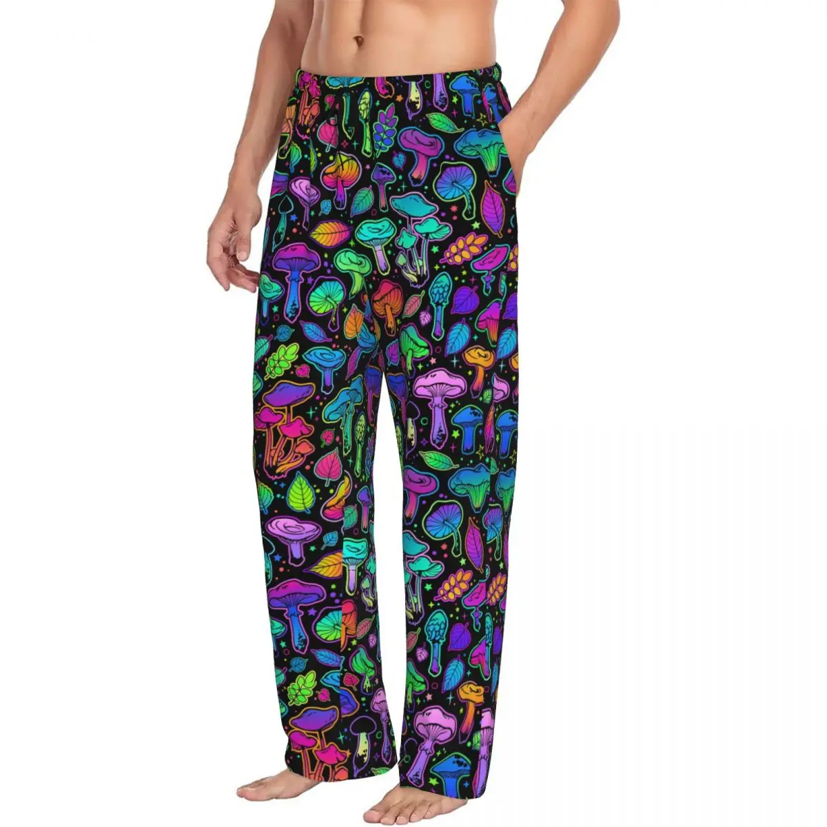 Custom Print Men's Psychedelic Magic Rainbow Mushrooms Pajama Pants Mysterious Boho Sleepwear Sleep Lounge Bottoms with Pockets