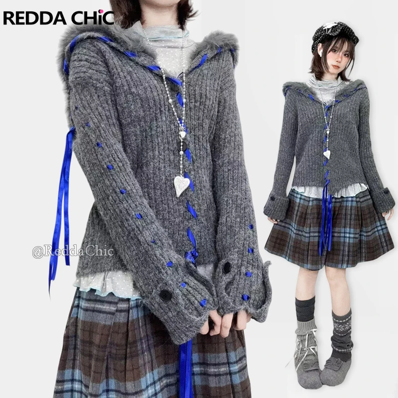 REDDACHiC Contrast Braided Cardigan Sweater Tweed Shorts Casual Winter Chunky Knit Button Up V-neck Jumper School Women Clothing