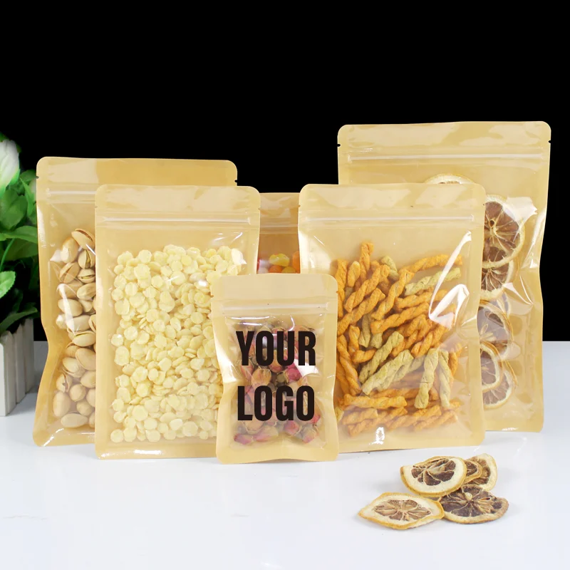 100pcs Eco-friendly Kraft Paper Stand-Up Bags for Food, Tea, Dried Goods, and Snacks Packaging, Custom Logo Support