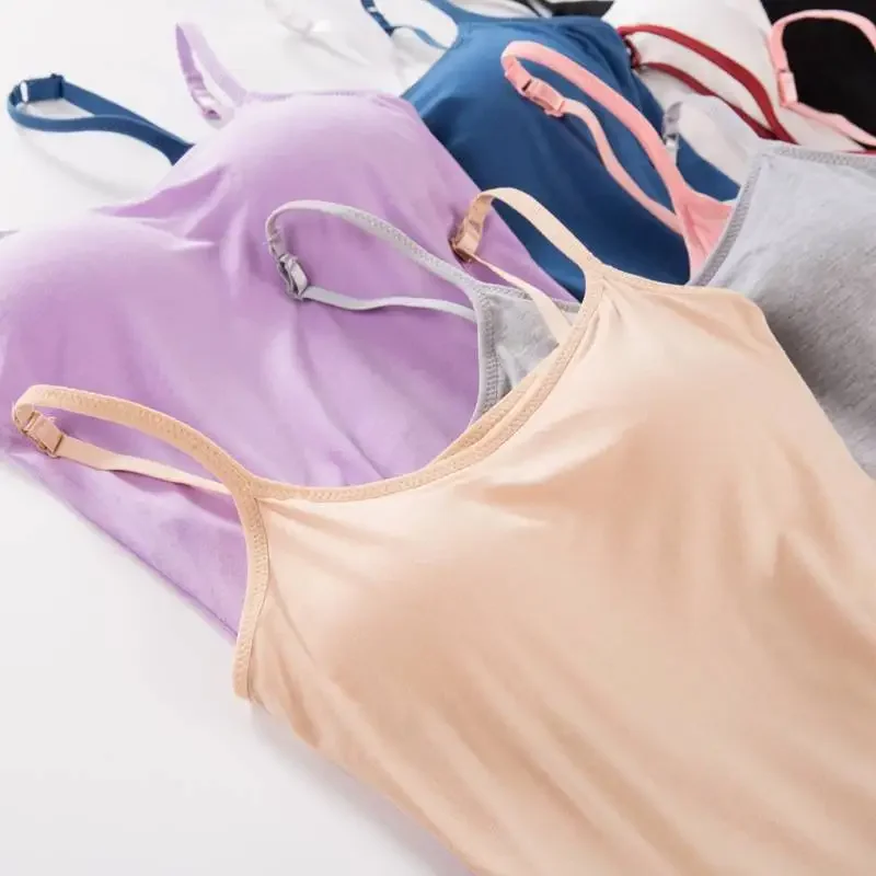 Summer Padded Bra Tank Top Women Modal Spaghetti Solid Cami Tops Vest Female Camisole with Built In Bra Fitness Yoga Clothing