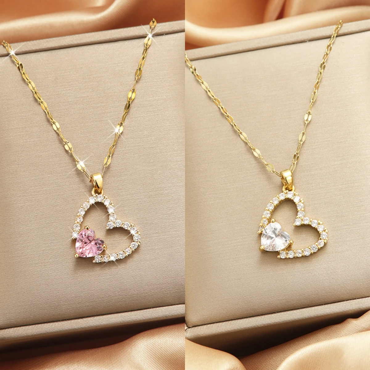 Fashion Pink Zircon Heart Stainless Steel Necklace for Women