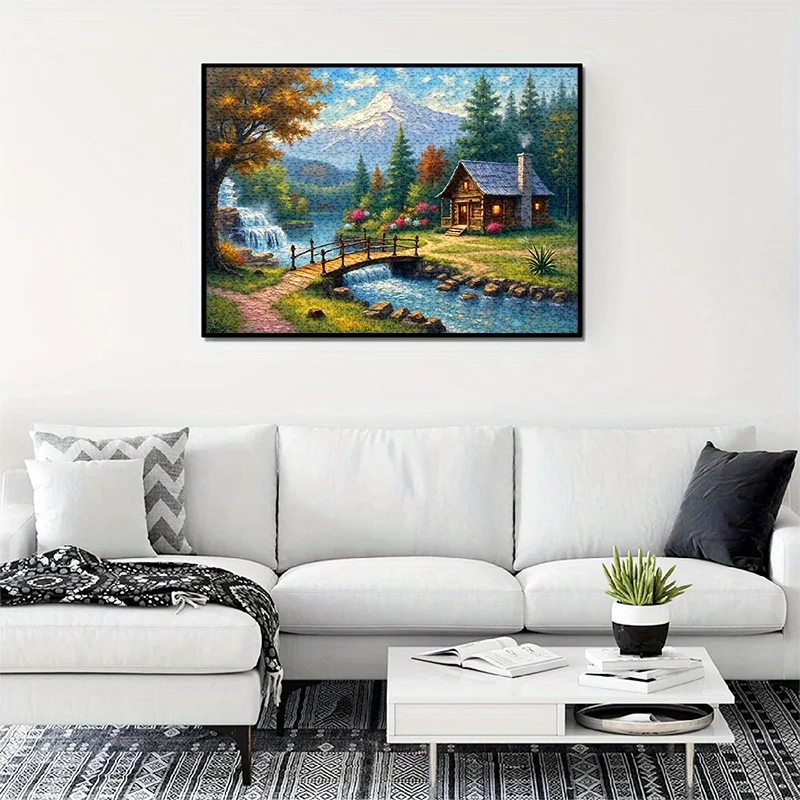 大人向けジグソーパズル 1000ピース - 静かな小屋、山、湖の風景、プレミアムペーパーパズル、傷防止＆防水、チャレンジ