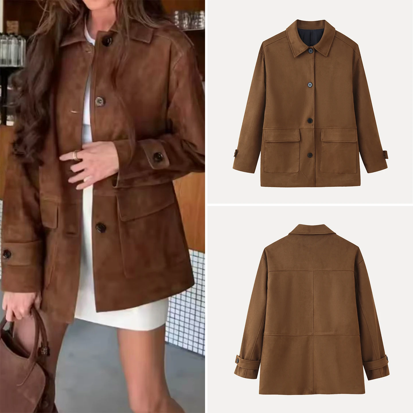 

Ele Simple Faion Women's Long Sve Suede Jaet Turn-down Collar Single Button Autumn New Arrival Ladies Outerwear