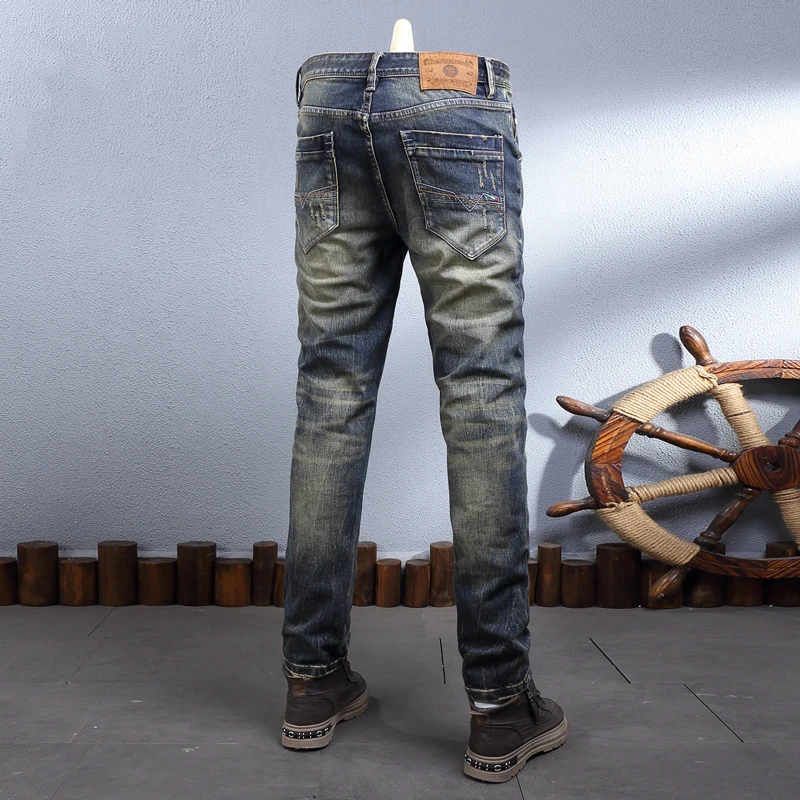 

Y2K Embroidery Designer Fashion Men Jeans High Quality Retro Blue Stretch Slim Fit Ripped Jeans Men Vintage Casual Denim Pants