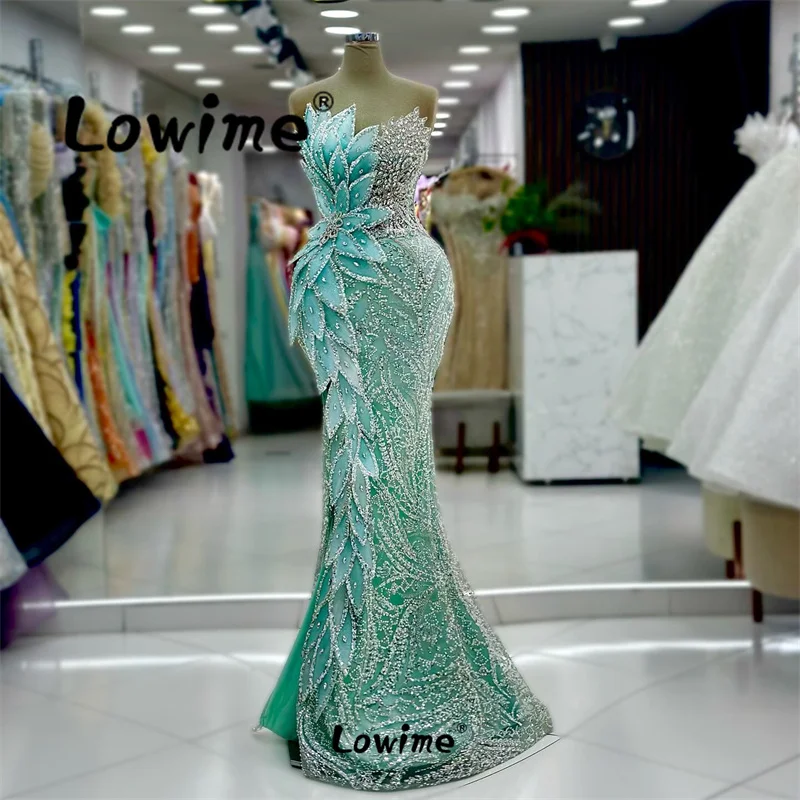 Amazing 3D Leaf Mermaid Prom Dresses Sparkly Crystals Arabic Evening Dress Customized Aso Ebi Party Dress Second Reception Gowns