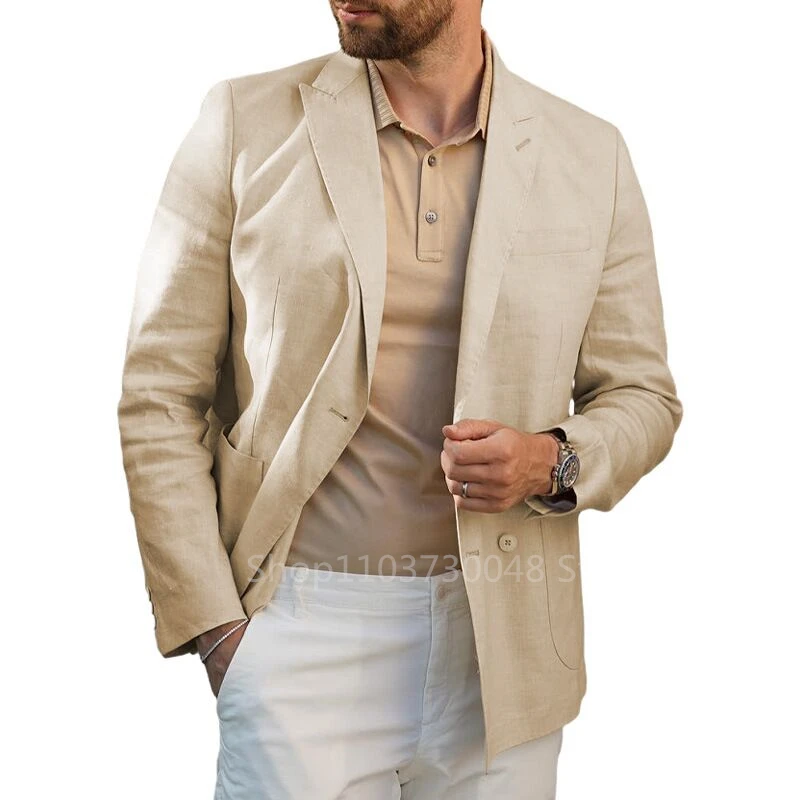 Newest Beige Linen Fabric Men Suit Jacket Daily Casual Party Slim Fit Blazer Fashion Male Single Breasted Coat (One Blazer)