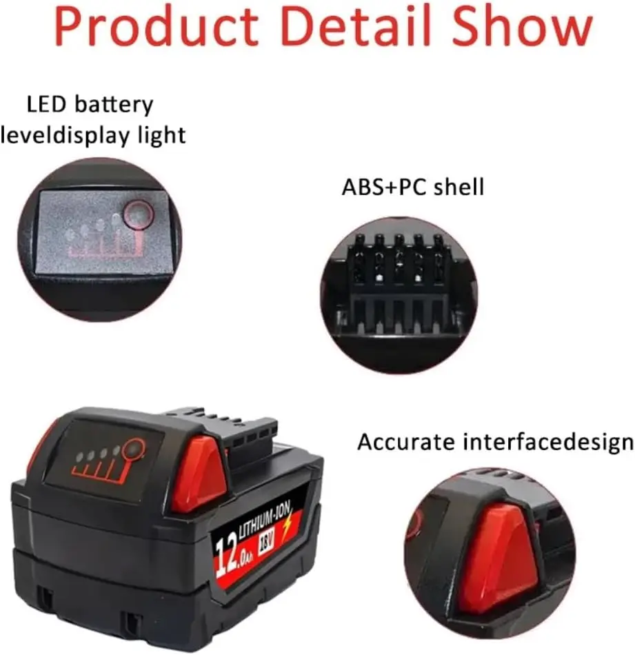For Milwaukee M18 Power Tool Battery, Charger, BR, XC, 18V, 6000mAh M18B5, 48-11-1860, Built-in 18650 Battery 6000mAH/12000mAH