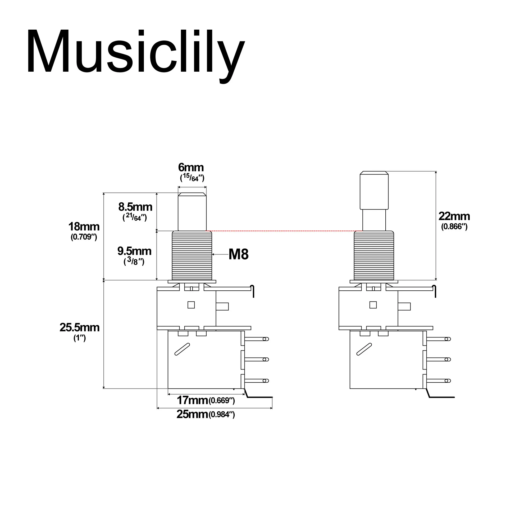 Musiclily Pro A250K/B250K/A500K/B500K Brass Metric Solid Standard Shaft 9.5mm Push-Pull Audio Taper Linear Taper Potentiometer