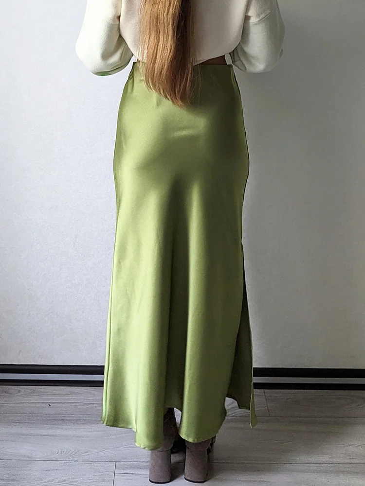 Streamgirl Maxi Solid Slit Skirts For Women Long Elegant Summer Office Champagne Satin Skirts Elastic Waist Women's Summer Skirt