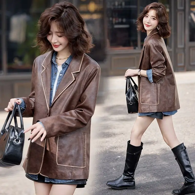 Women's Spring Autumn Leather Jacket Outerwear Tops Suit Collar Vintage Button Loose Line Sense Fashion Premium Design Leisure