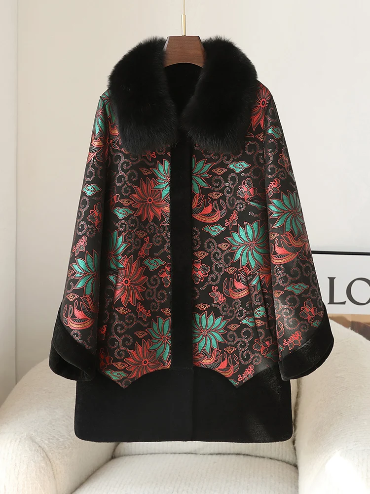 

Sheep cut plush coat for women, medium length collar, mother's clothing, printed wool, fur integrated, middle-aged and