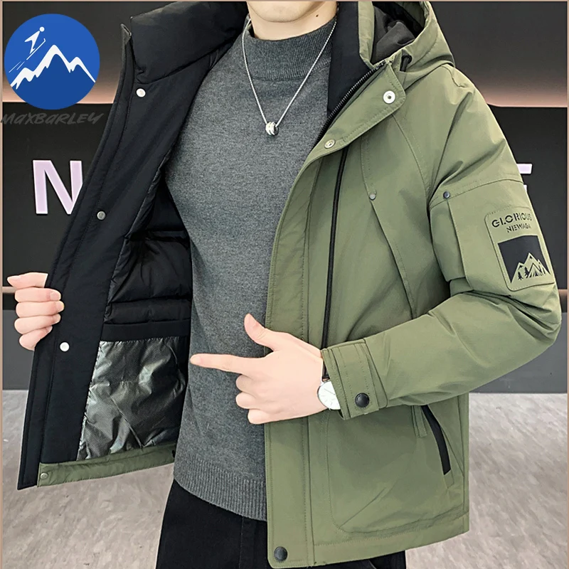 Maxbarley جديد سترة شتوية الرجال في الهواء الطلق التزلج يندبروف الأبيض بطة أسفل معطف دافئ ماركة عادية مقاوم للماء مقنعين سترة البخاخ