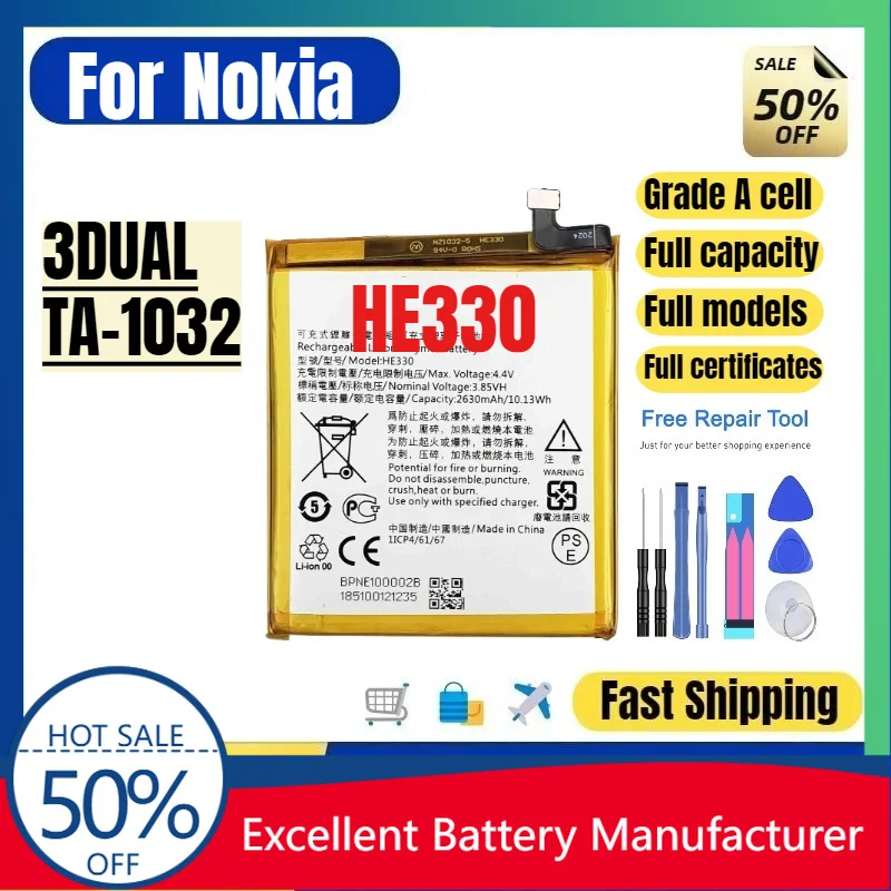 0 Cycle HE330 Battery for Nokia 3 Dual TA-1032 Phone High Quality Replacement Lithium Polymer Grade A Cell Bateria with Tools