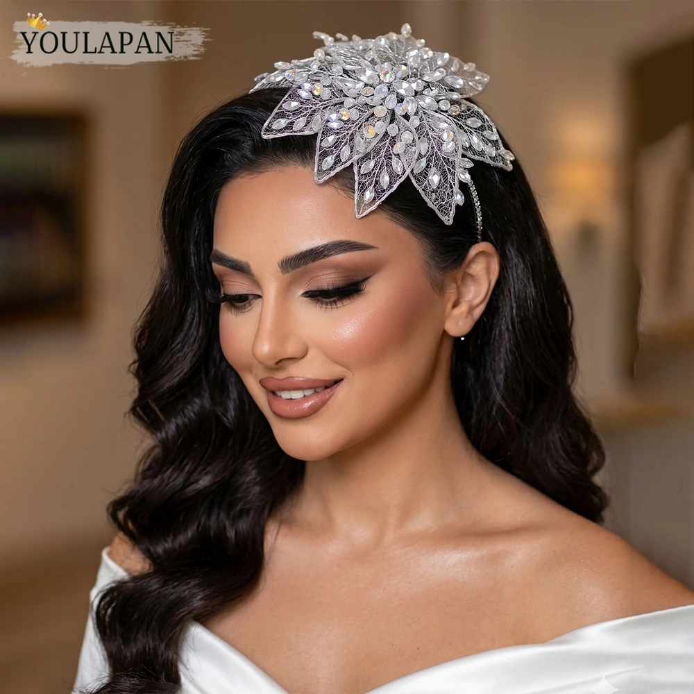 

YouLaPan Silver Color Mesh Rhinestone Bridal Headband Large Floral AB Crystal Hair Band Luxury Wedding Hair Accessories HP1025