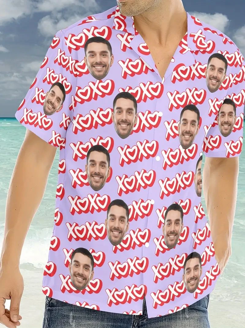 

Hawaiian Custom Photo Face Shirt Fun 3D Diy Print Button Shirts Short Sleeves Aloha Shirt Tops Female Small Size Beach Blouses