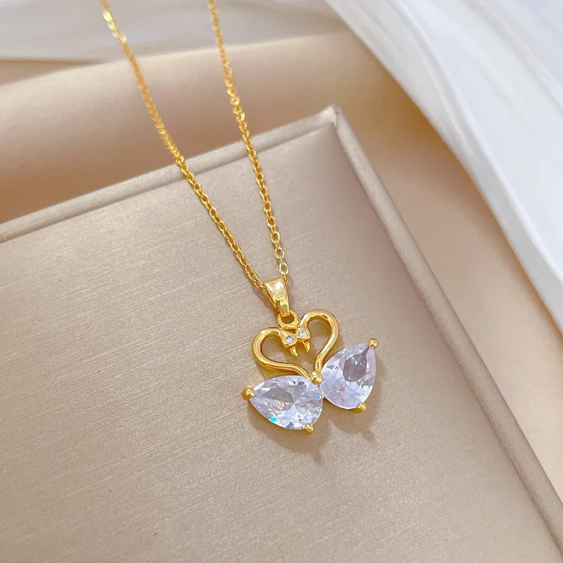 LUCKY99 2024 New High Quality Two Swans Pendant Necklaces For Women Simple Titanium Steel Neck Chain Party Jewelry Drop Shipping