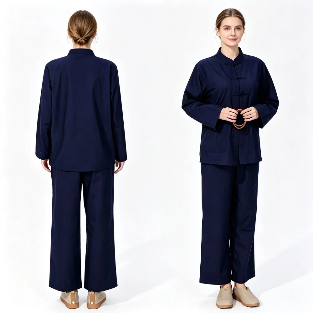 Soft Cotton Zen Meditation Suit Women Traditional Chinese Lay Buddhist Uniform Tang Style Long Sleeve Top Wide Leg Pants