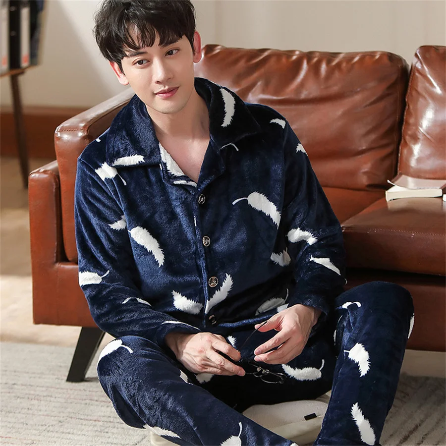 2024 Winter Men\'s Thicken Warm Coral Fleece Pajamas Set Soft Casual Sleepwear Long Pants Men Nightwear Male Home Clothes