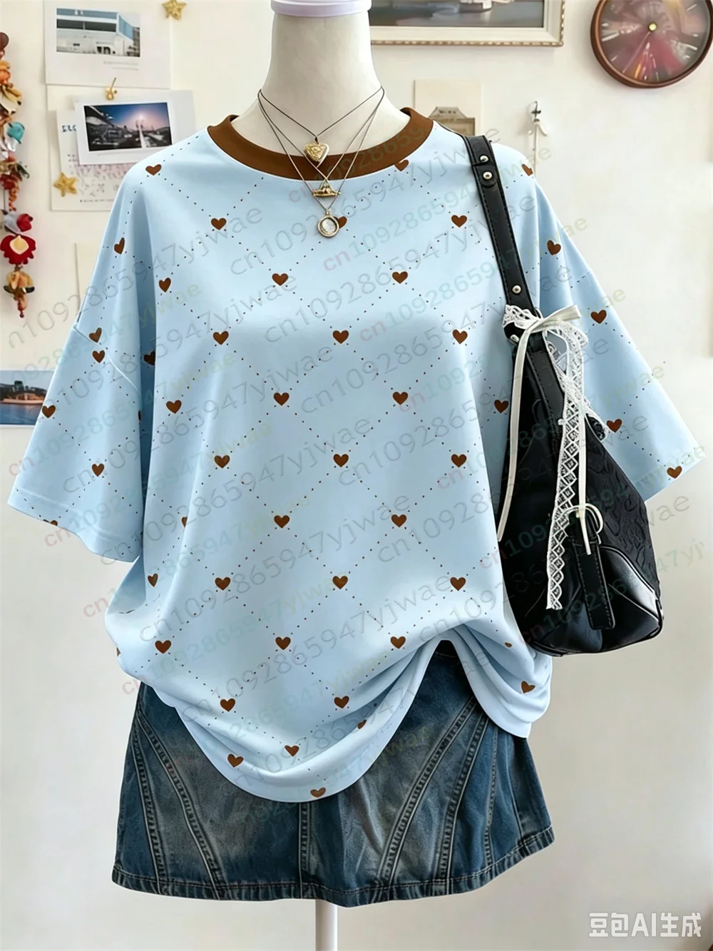 Herzförmiges Polka-Dot-Muster, O-Ausschnitt, Kurzarm-T-Shirt, vielseitiges Casual-Oberteil, Y2K Streetwear, Sommer-Damen-T-Shirt – Detail 9