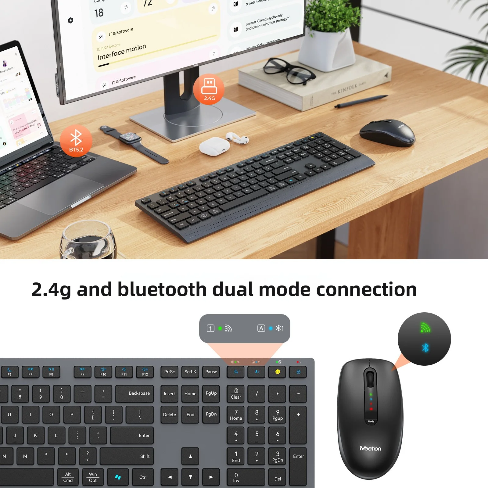 2.4G Wireless Bluetooth Dual-Mode Office Stylish Keyboard And Mouse Combo Full-Size Rechargeable Keyboard Set For PC Computer