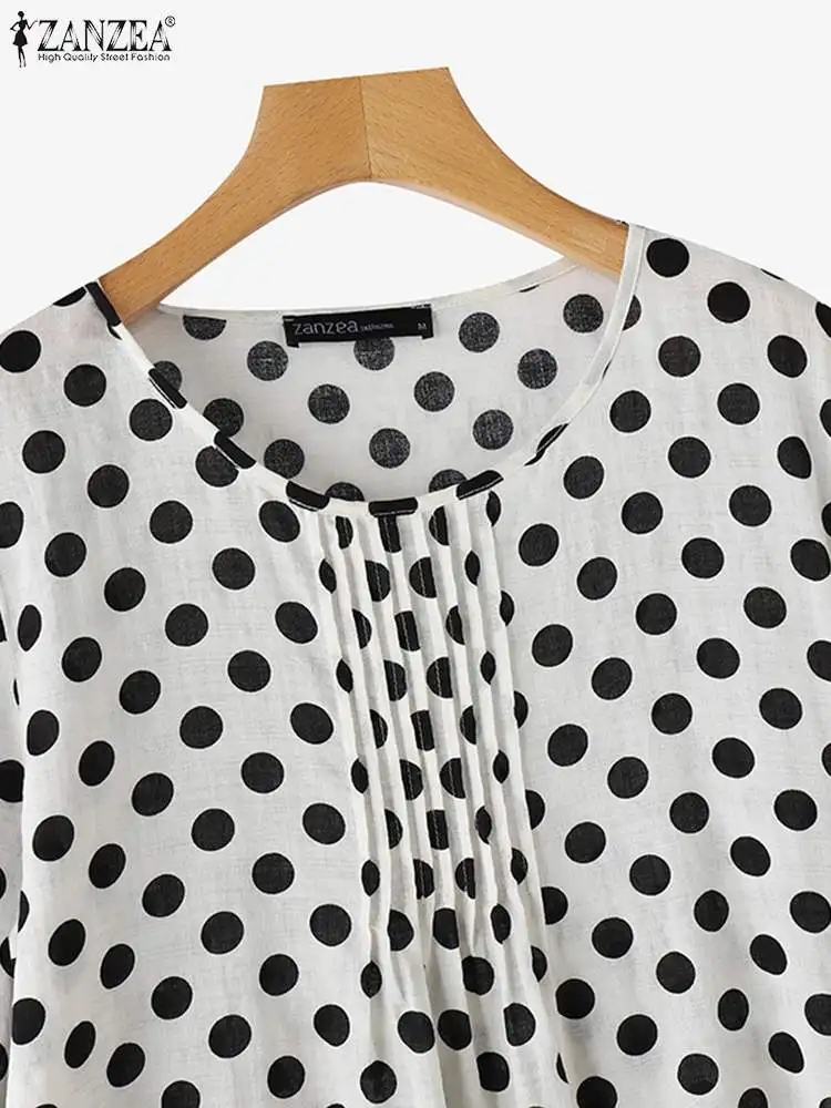 ZANZEA Autumn Shirt Women Bohemain Polka Dot Blouse Oversize Loose Holiday Tops Mujer Elegant O Neck 3/4 Lantern Sleeve Blusas