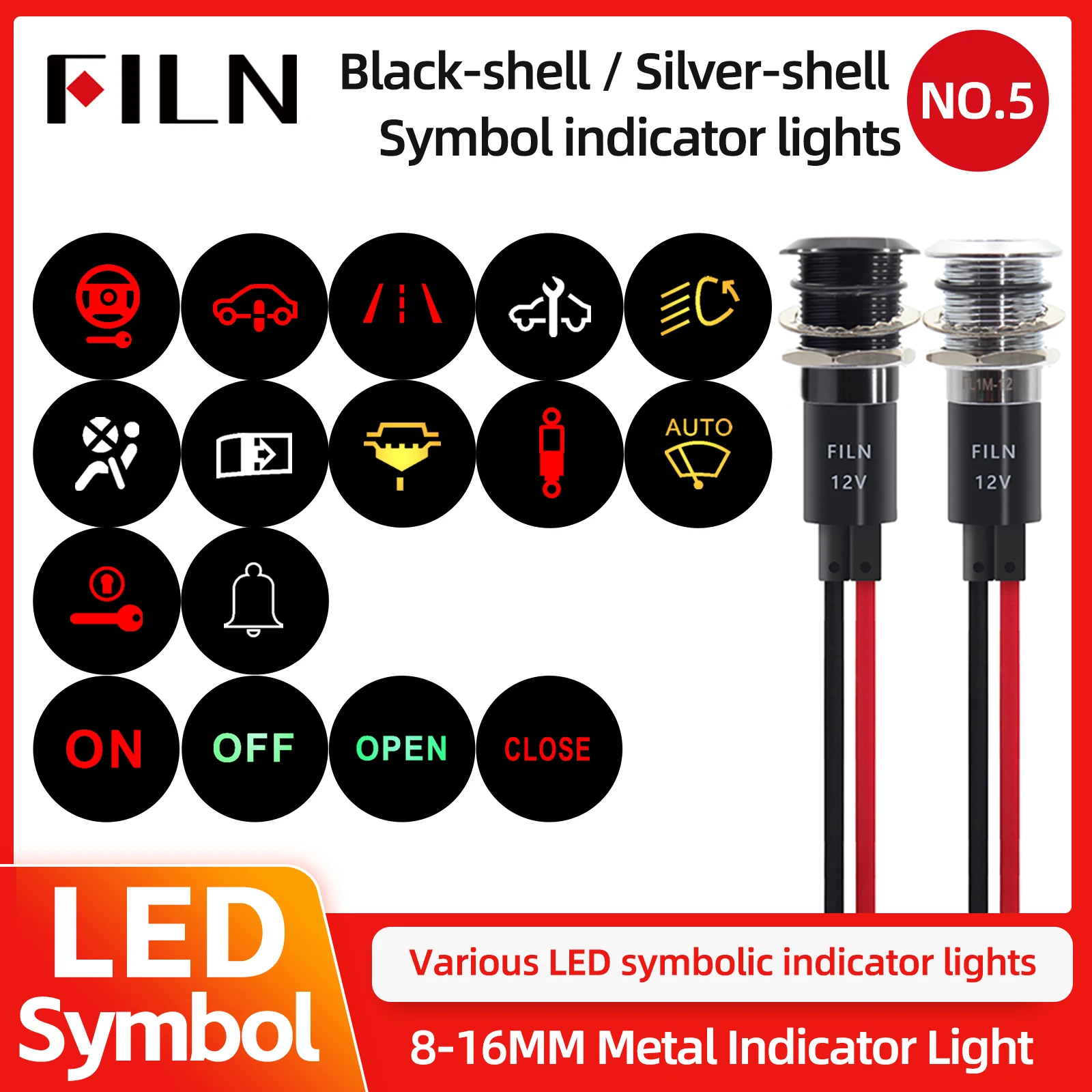 

LED Metal Pilot Lights 12V with Wire Symbol Design for Car Dashboard Truck Machinery Industrial Control 8mm 10mm 12mm 14mm 16mm