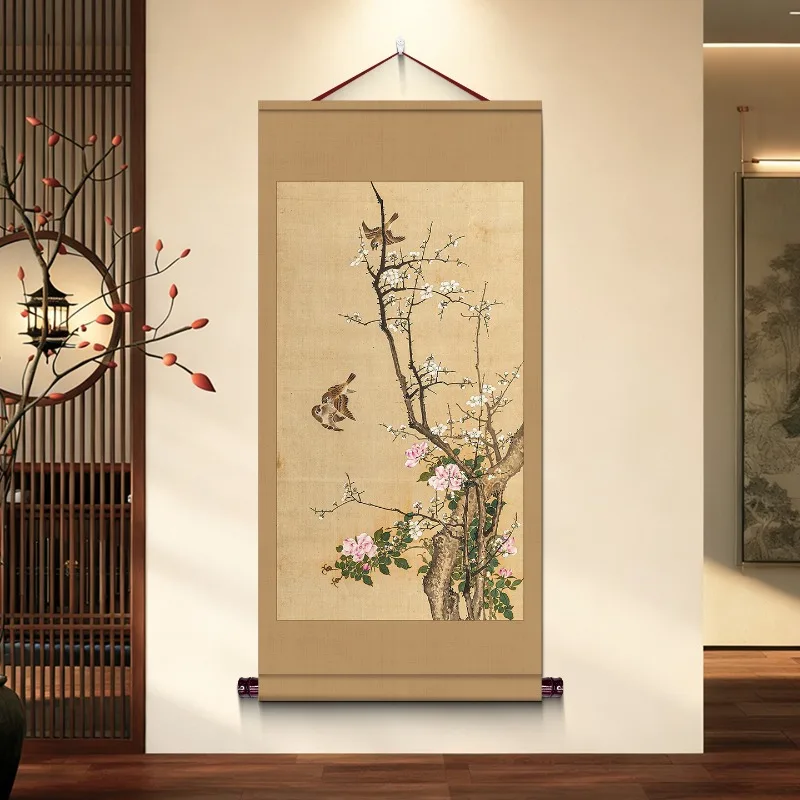 Ink‑Wash Bird & Flower Vertical Hanging Scroll, Traditional Ancient‑Oriental Style Wall Art, Pre‑Mounted Decorative Scrol