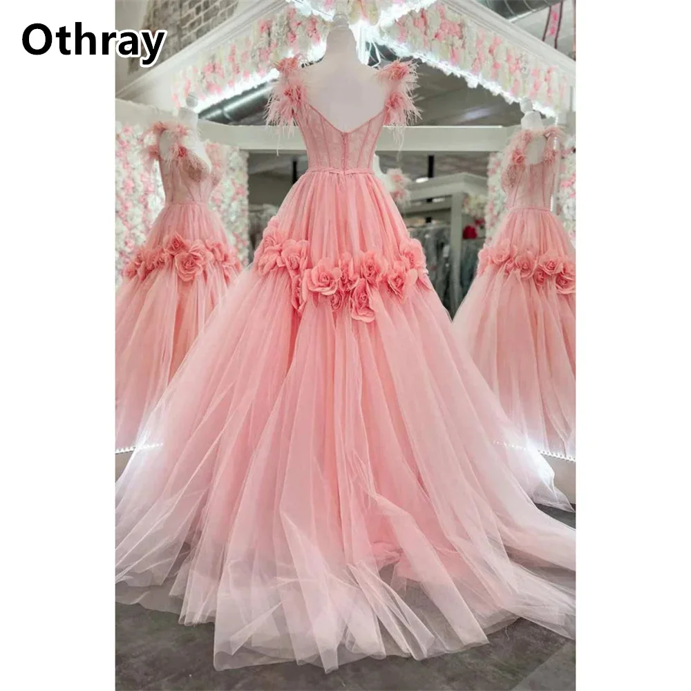 Othray Sweet Pink Prom Dresses Lace Exposed Boning Feathers Shoulder A Line 3D Rose Wedding Gowns Formal robes de soirée