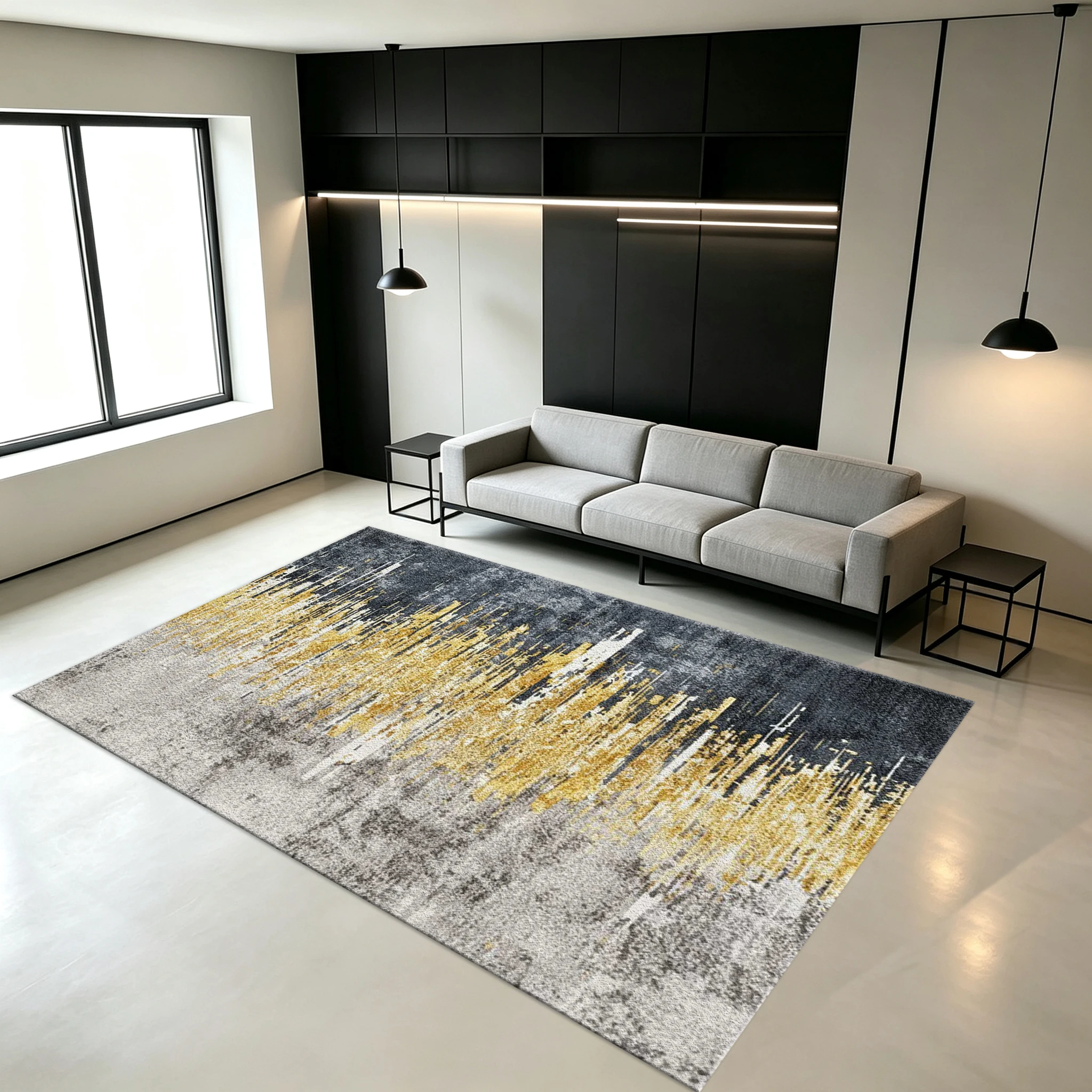 Modern Abstract Gold Black Brushstroke Carpet Floor Luxury Art Square Rug Soft Non-Slip Floor Mat Suitable for Living Room Home Decor