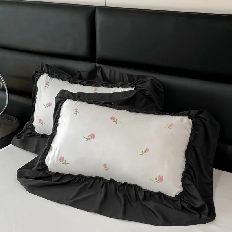 2Pcs Romantic French Princess Style Pillowcases Vintage Summer Simulated Silk Pillow Cover Cushion Ruffles Pillow Sham 48*74cm