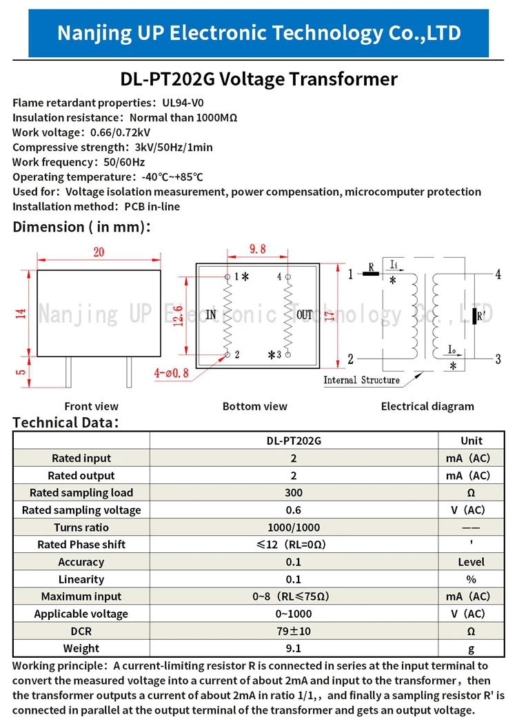 PCB Mount Mini Voltage Transformer 2mA / 2mA DL-PT202G 1000/1000 Lead Pin AC Current Input Output 0.1 Class Micro Transformer