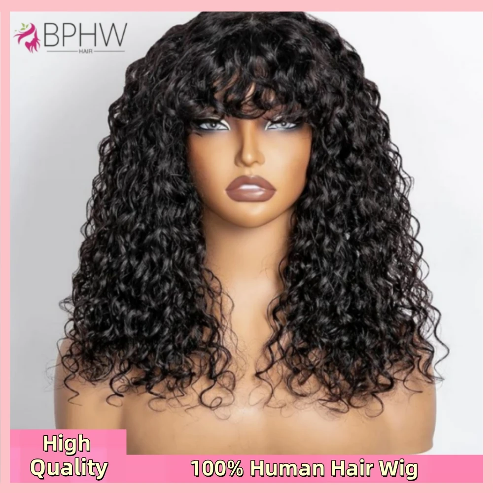 

Loose Water Wave Wig With Bangs Curly Human Hair Wigs For Women Brazilian Natural Cheap Full Machine Made Wigs 30 Inch Long Wigs