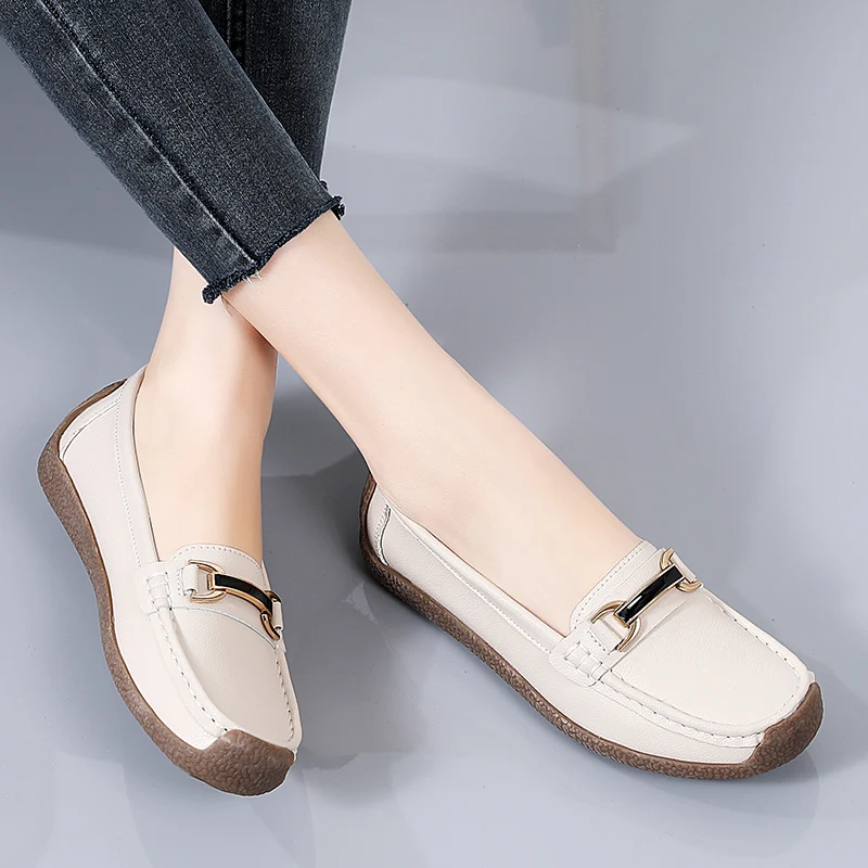 Zapatos planos versátiles de piel auténtica para mujer, calzado informal de suela suave, talla grande, Primavera, 2023