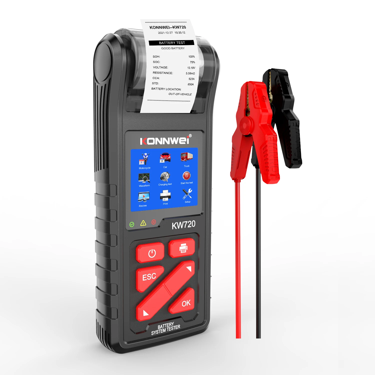KONNWEI KW720 6V/12V/24V Battery Tester Battery Analyzer With Printer Battery Load Tester Cranking & Charging System Test Scan