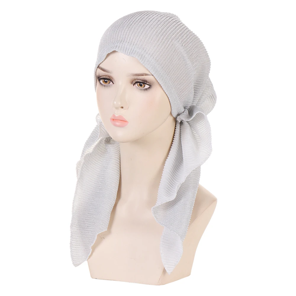 Fashion Solid Color Glitter Pre-Tied Turban Hat Muslim Stretch Head Scarf Turban Bonnet Women Inner Hijabs Chemo Cap Underscarf