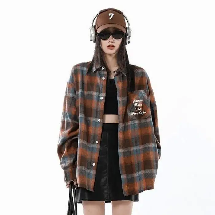 

Autumn 2025 Large Size Plaid Shirt Women's Long Sleeve Loose Casual Student Mid-Length Button-Up Top Outerwear