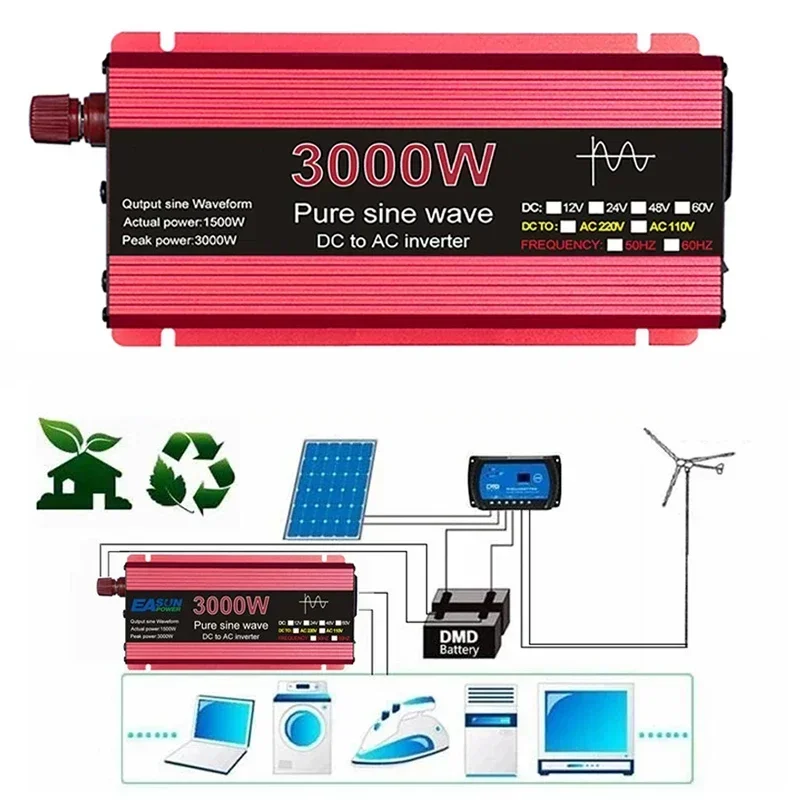 Pure Sine Wave Inverter DC 12V To AC 110V/220V Voltage 1000W 1600W 2200W 3000W Transformer Power Converter Solar Car Inverter