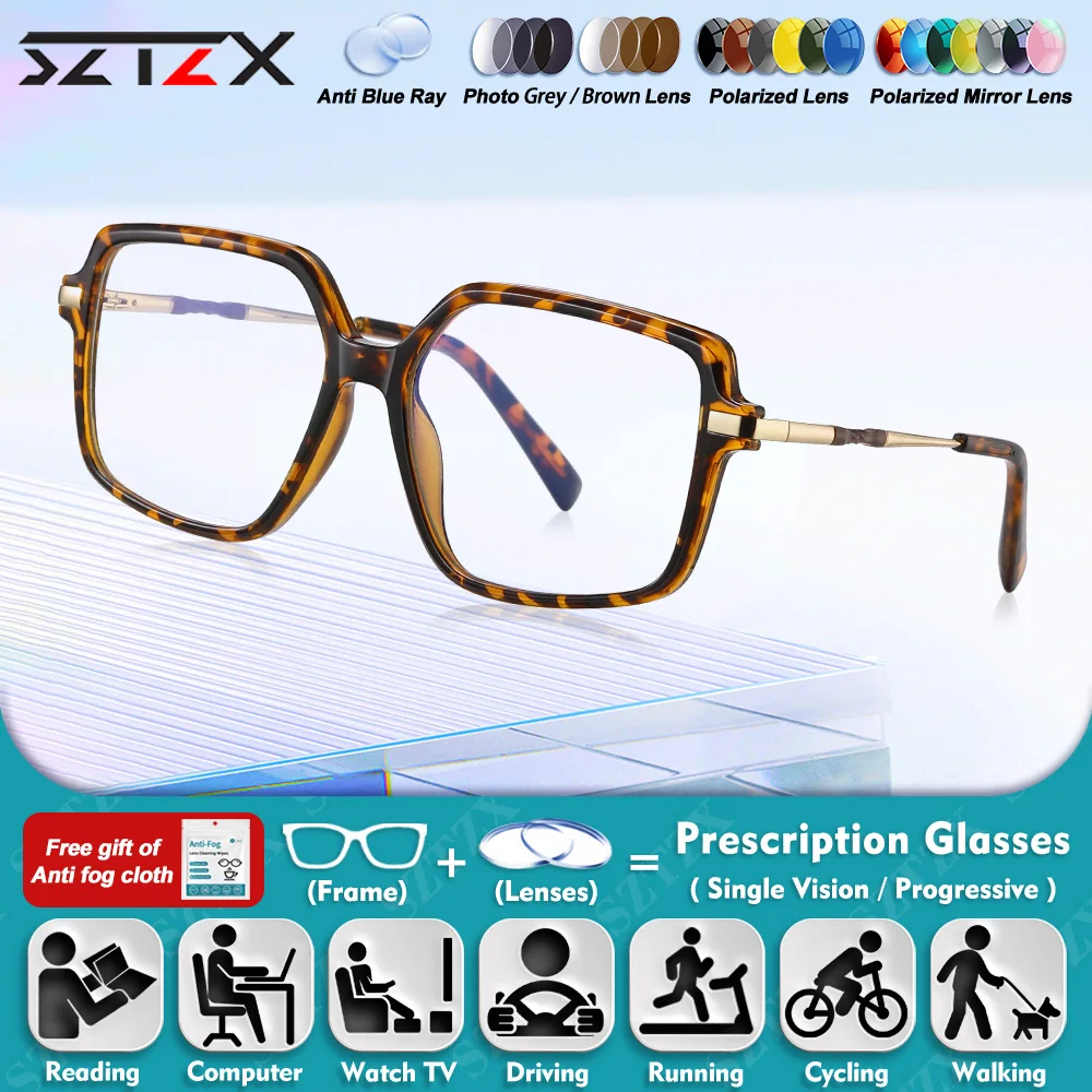 

SZTZX Currents Polygonal Frame Workplace Anti Blue Ray Prescription Reading Glasses Women Myopia Photochromic Multifocal Eyeware