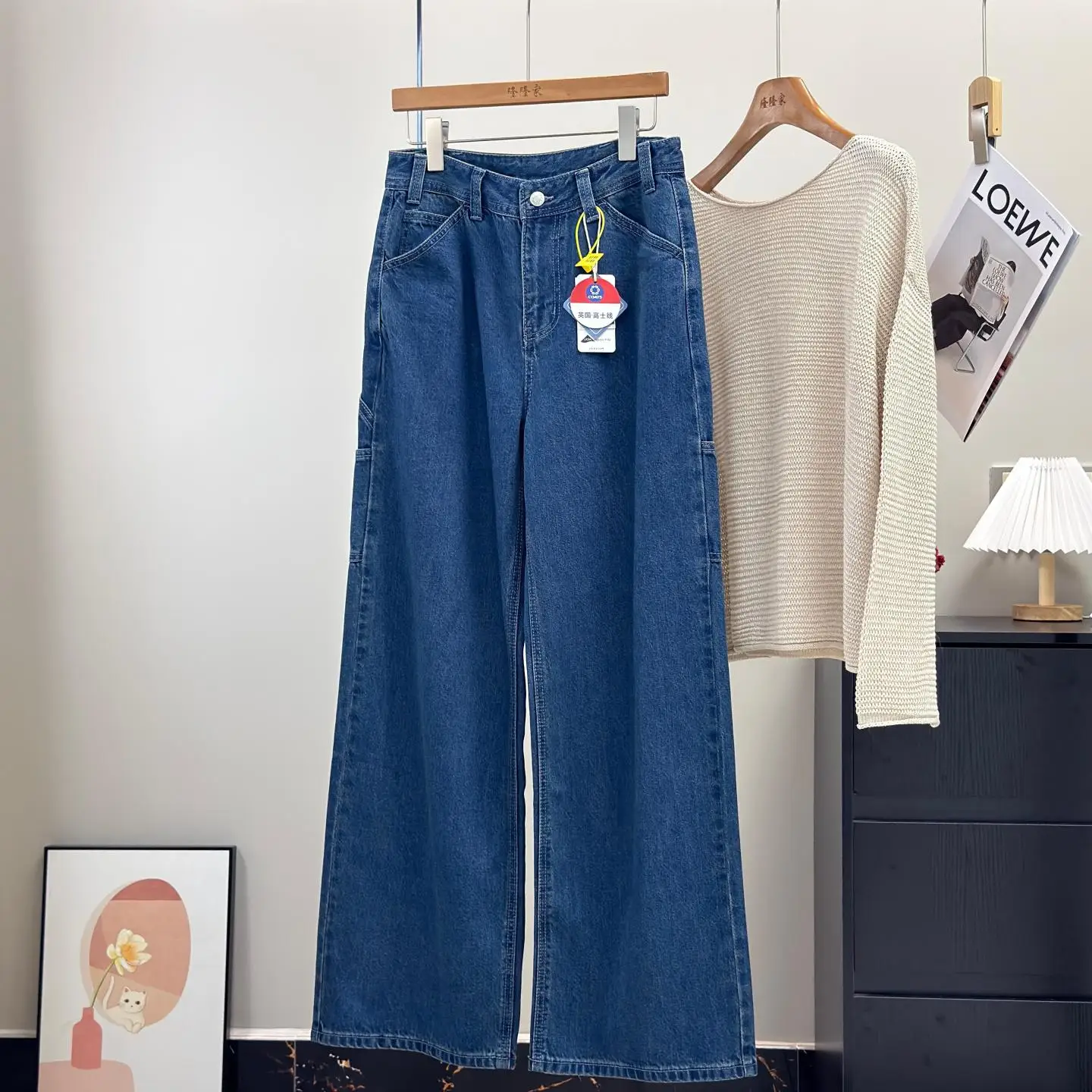 American Style High Waist Dyeing Workwear Wide Leg Straight Cut Women's Jeans Autumn Casual Trousers Multiple Pockets