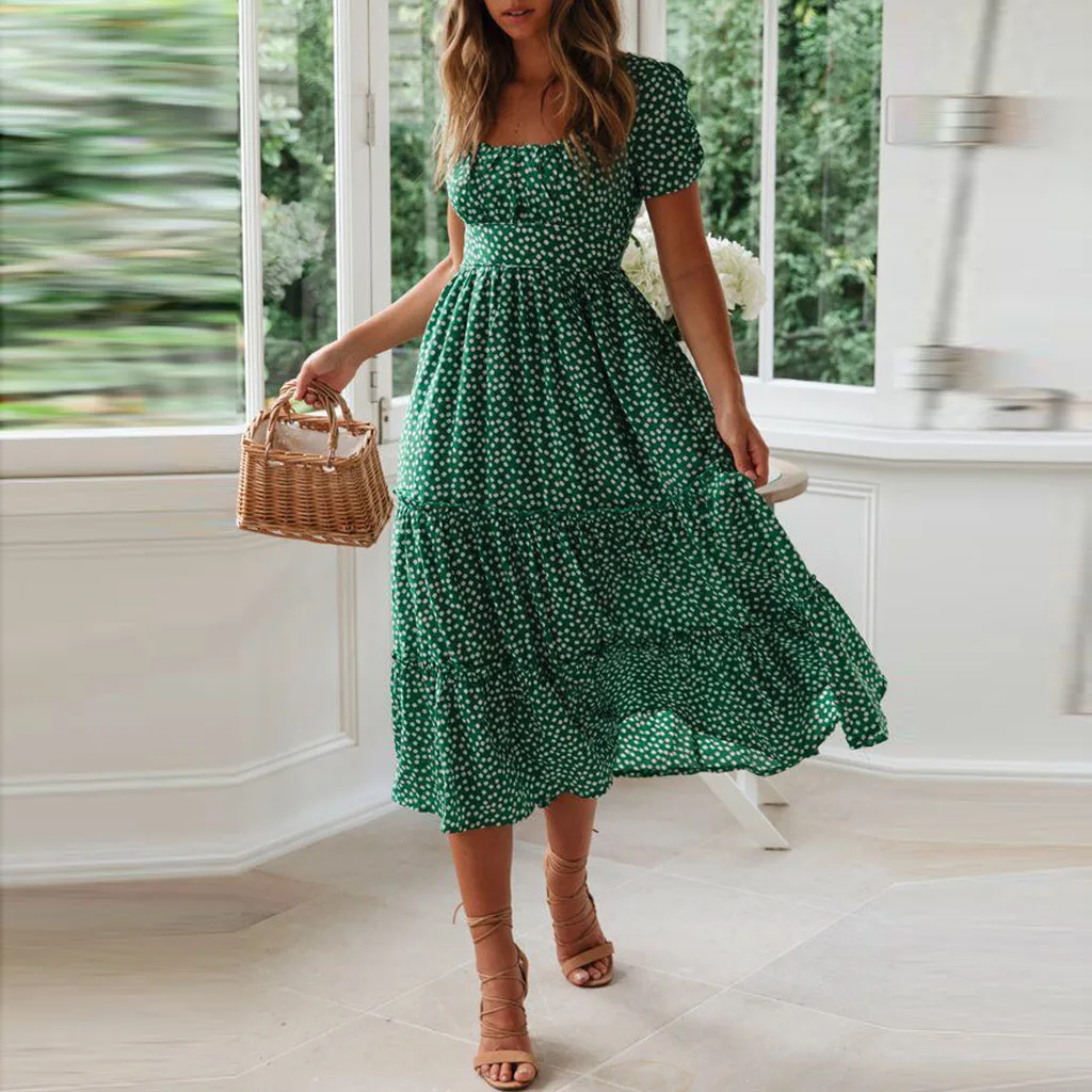 Retro Small Daisy Women Casual Dress Summer Short Puff Sleeve Square Collar A-Line Long Dresses 2024 Elegance Ruffle Hem Vestido