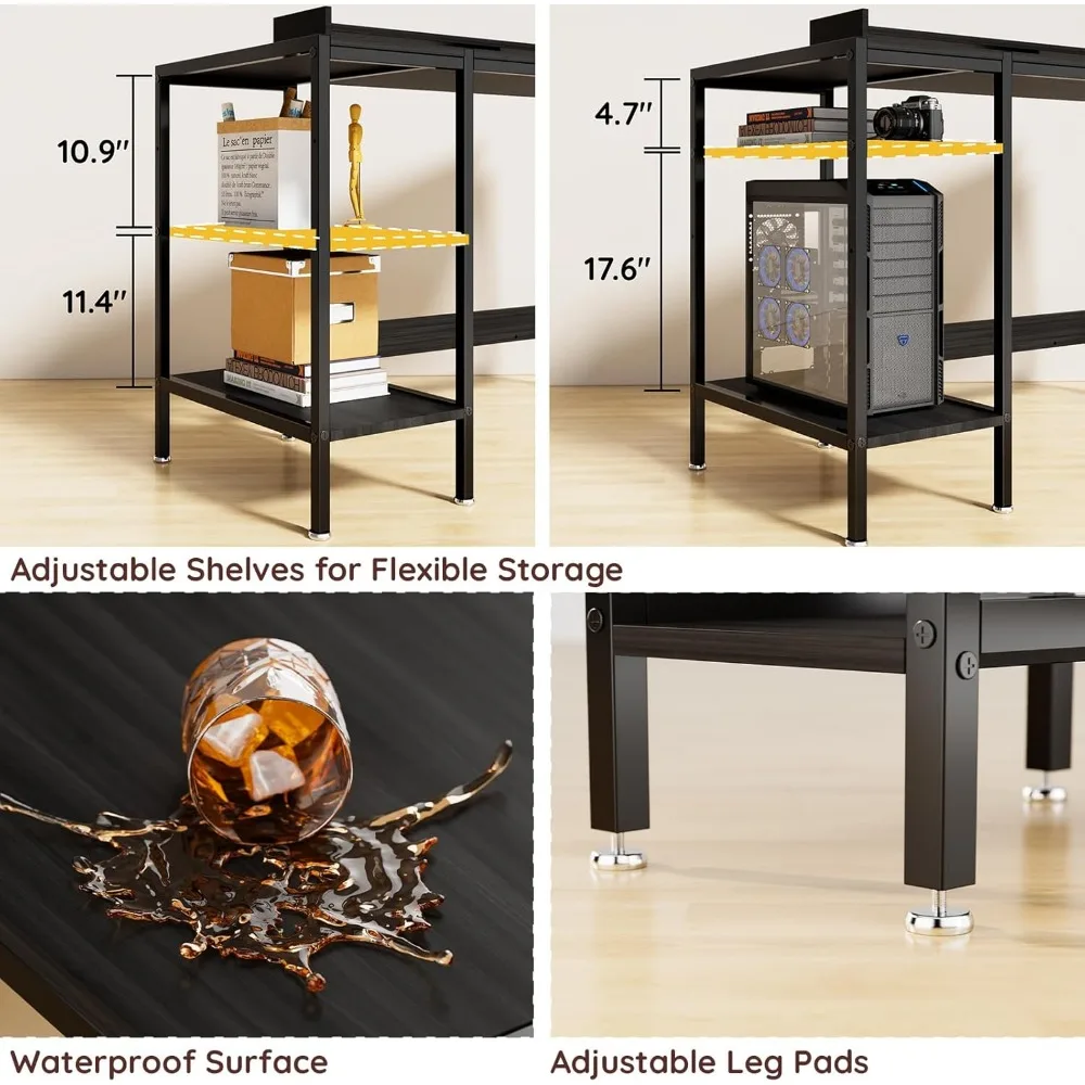 مكتب ألعاب ومنزلي للشاشات المزدوجة، مكتب كمبيوتر أسود مقاس 47 بوصة مع مساحة تخزين وحامل شاشة قابل للتعديل #4
