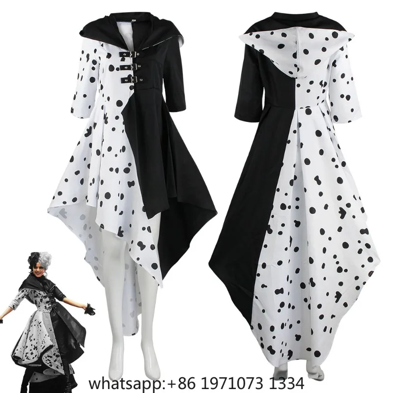 Cruella Cosplay Costume DressCloak With Gloves Woman Girls Halloween Carnival Suit Cruella De Vil Costume For Adult Women