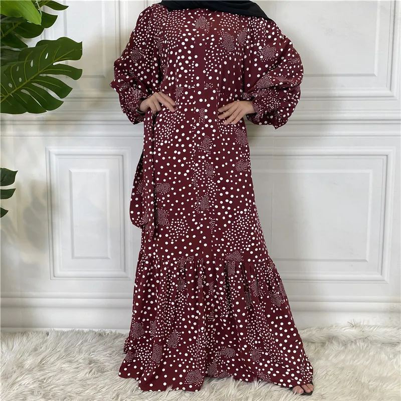 

Middle East Muslim Women Printed Polka Dot Long Dress Islamic Maxi Robe Gown Dubai Turkish Ethnic Vintage Abayas Arabic Fashion