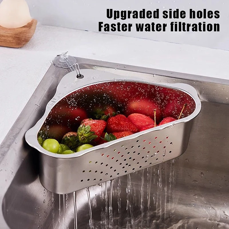 

304 Stainless Steel Sink Strainer Corner Drain Basket Kitchen Vegetable Holder Racks Storage Organizer Gadget