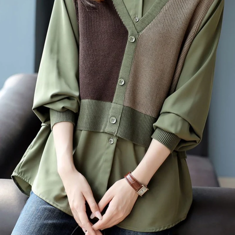 Spring Autumn New Solid Color Fashion Knitting Patchwork Shirt Women High Street Casual Loose Button Fake Two Pieces Y2K Blouse