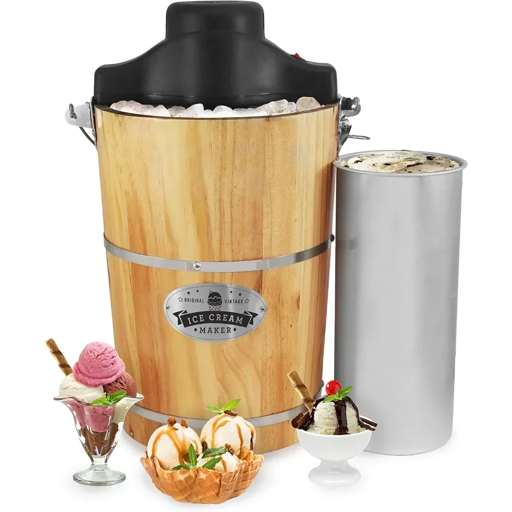 Old Fashioned 6 Quart Vintage Wood Bucket Electric Ice Cream Maker Machine, Bonus Classic Die-Cast Hand Crank for Churning